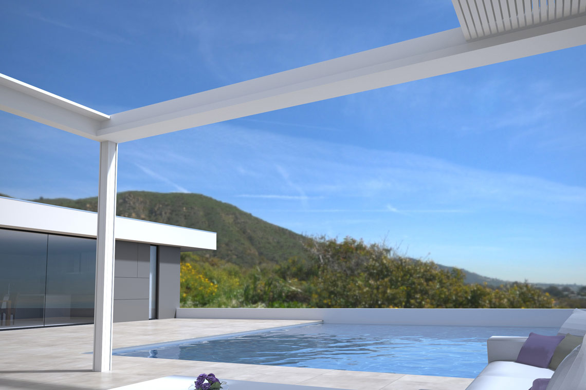 weißes Lamellendach am Pool mit weggeschobenen Lamellen