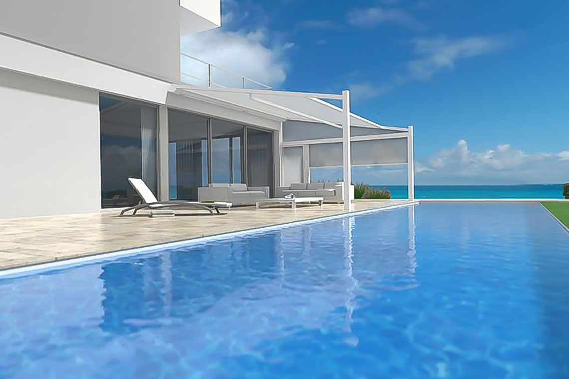 weißes Screendach vor Poollandschaft